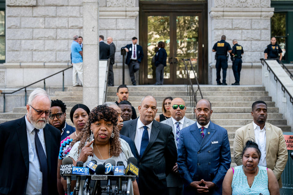 Gwen Carr, mother of the late Eric Garner, speaks to the press outside the U.S. Attorney's office following a meeting with federal prosecutors, in New York on July 16, 2019. | Drew Angerer—Getty Images