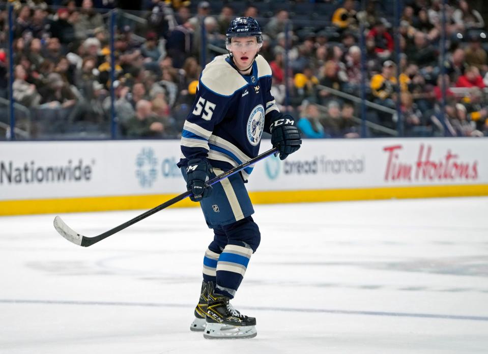 Oct 28, 2022; Columbus, Ohio, USA; Columbus Blue Jackets defenseman David Jiricek (55) watches the puck against Boston Bruins in the third period of the NHL game at Nationwide Arena. 