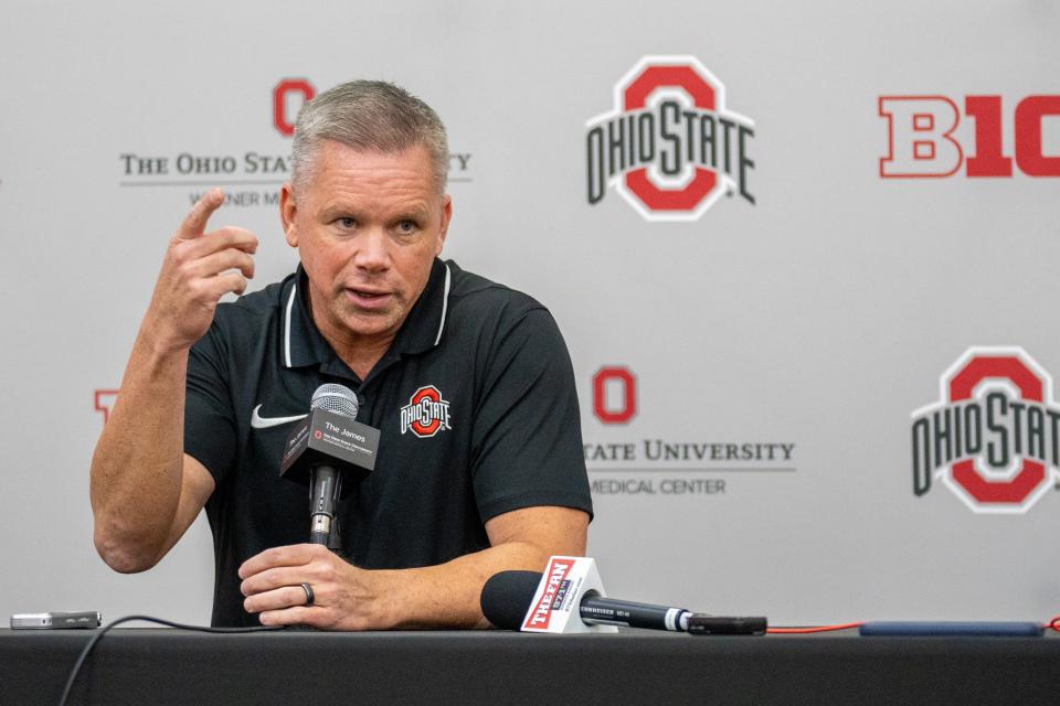 Sep 25, 2023; Columbus, Ohio, USA:
Chris Holtmann speaks at the Schottenstein Center about the upcoming Ohio State University men’s basketball season.