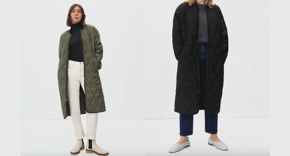 models wearing green long jacket and white pants and black long jacket, Everlane The ReNew Long Liner