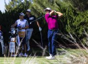 Xander Schauffele tees off at the fifth hole during the first round of the CJ Cup golf tournament at Shadow Creek Golf Course, Thursday, Oct. 15, 2020, in North Las Vegas. (Chase Stevens/Las Vegas Review-Journal via AP)