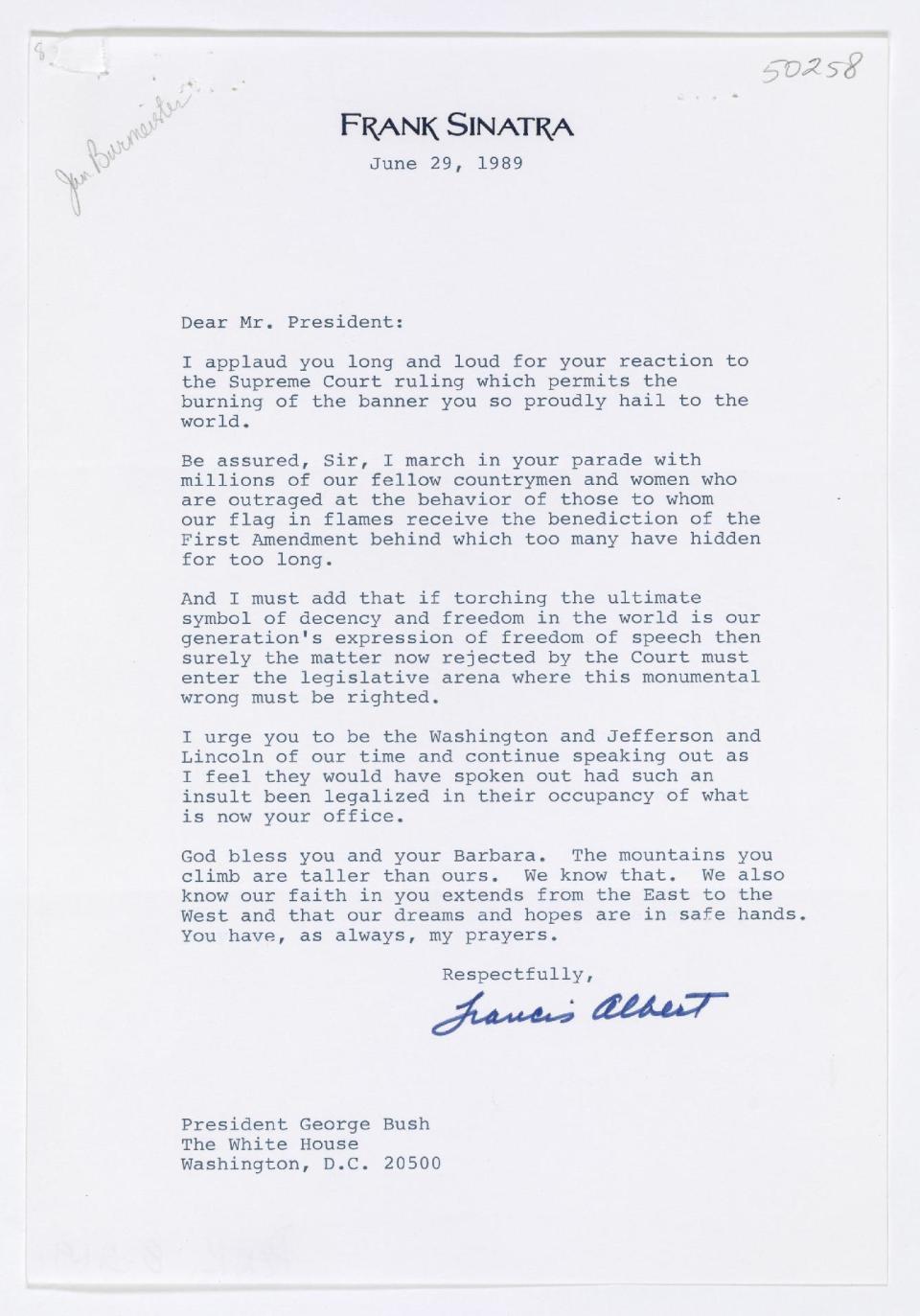 This undated handout image provided by the National Archives and the George H.W. Bush Presidential Library shows a letter from Frank Sinatra to President George H.W. Bush, June 29, 1989 When the Supreme Court ruled 5-4 in Texas v. Johnson that burning the American flag was protected free speech, President Bush was so outraged that he proposed a constitutional amendment banning the burning or desecration of the American flag. Francis “Frank” Albert Sinatra wrote to the President “I applaud you long and loud for your reaction.” George H. W. Bush Presidential Library, National Archives Curators at the National Archives have culled their collection in search of some of the great signatures of history. A special exhibit opening Friday includes the personal marks of figures that include Thomas Jefferson, Frank Sinatra, Jackie Robinson, Adolf Hitler and Saddam Hussein, along with important documents from history. Curators looked at the power of the pen in politics, war, entertainment and sports for the wide-ranging exhibit, "Making their Mark." (AP Photo/National Archives, George H.W. Bush Presidential Library)