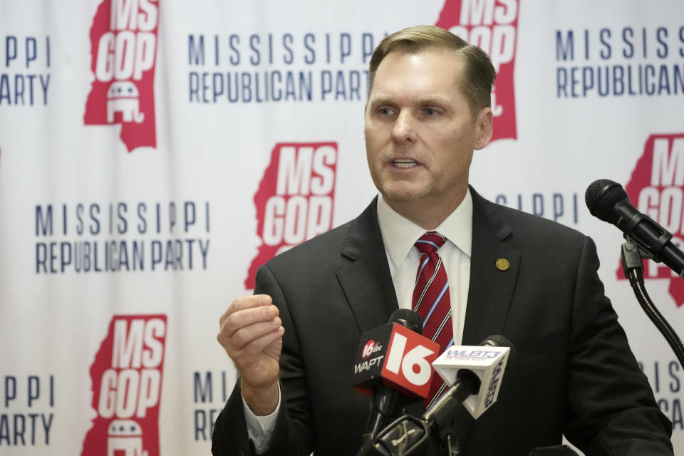 FILE - U.S. Rep. Michael Guest, R-Miss., speaks in Jackson, Miss., Jan. 2, 2024. Guest is unopposed in the Mississippi Republican Party primary for the 3rd Congressional District seat. In the Mississippi Democratic Party primary, Jarvis Gordon is unopposed, as well. (AP Photo/Rogelio V. Solis)