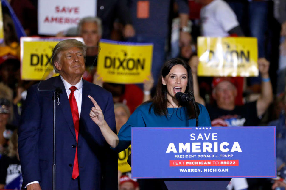 <div class="inline-image__caption"><p>Tudor Dixon speaks alongside Donald Trump during a Save America rally in Warren, Michigan, on Oct. 1.</p></div> <div class="inline-image__credit">Jeff Kowalsky/AFP via Getty</div>