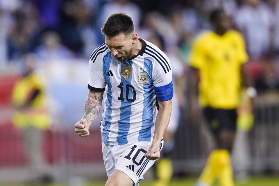 Argentina's player Lionel Messi celebrates his goal during the second half of an international friendly soccer match against Jamaica on Tuesday, Sept. 27, 2022, in Harrison, N.J. (AP Photo/Eduardo Munoz Alvarez)