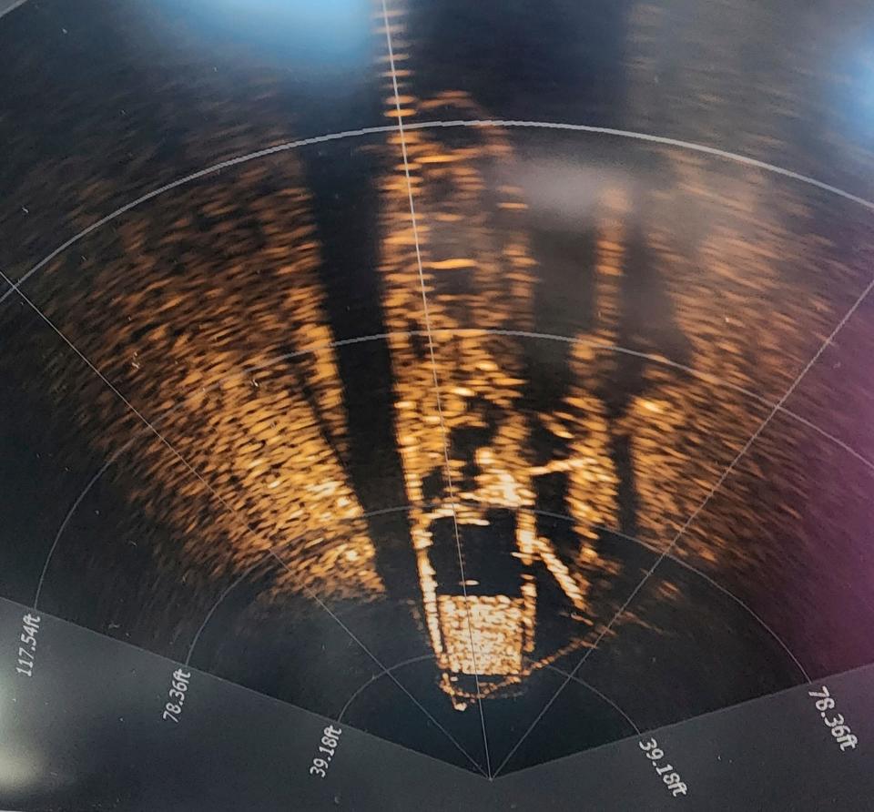 This July 2023 photo provided by Tamara Thomsen and Tom Crossmon shows a sonar image of the Trinidad from the Remote Operated Vehicle. Shipwreck hunters have discovered the intact remains of the schooner that sank in Lake Michigan in 1881 and is so well-preserved it still contains the crew’s long-ago possessions in its final resting spot miles from Wisconsin’s coastline. The 156-year-old Trinidad was found in July 2023 in about 270 feet of water off Algoma, Wisconsin, by maritime historians Brendon Baillod and Robert Jaeck using side-scan sonar. (Tamara Thomsen, Tom Crossmon via AP)