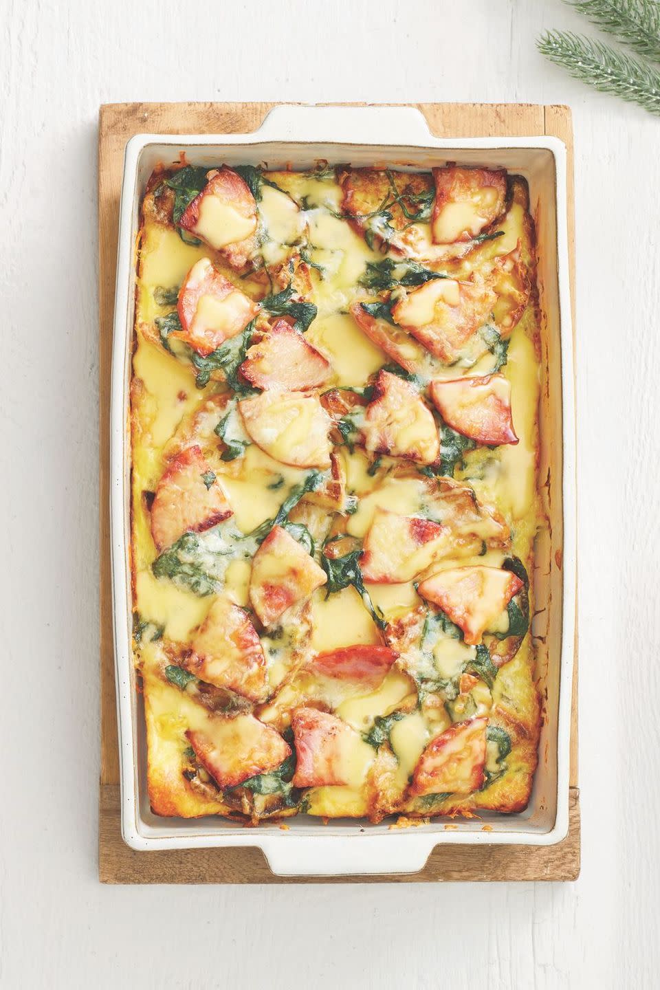 eggs benedict strata in white casserole