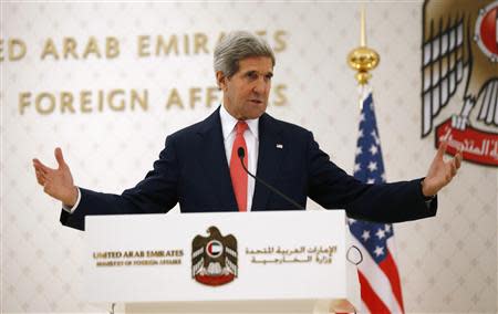 U.S. Secretary of State John Kerry speaks at a news conference with UAE Foreign Minister Abdullah bin Zayed Al Nahyan (not pictured) at the foreign ministry in Abu Dhabi, November 11, 2013. REUTERS/Jason Reed