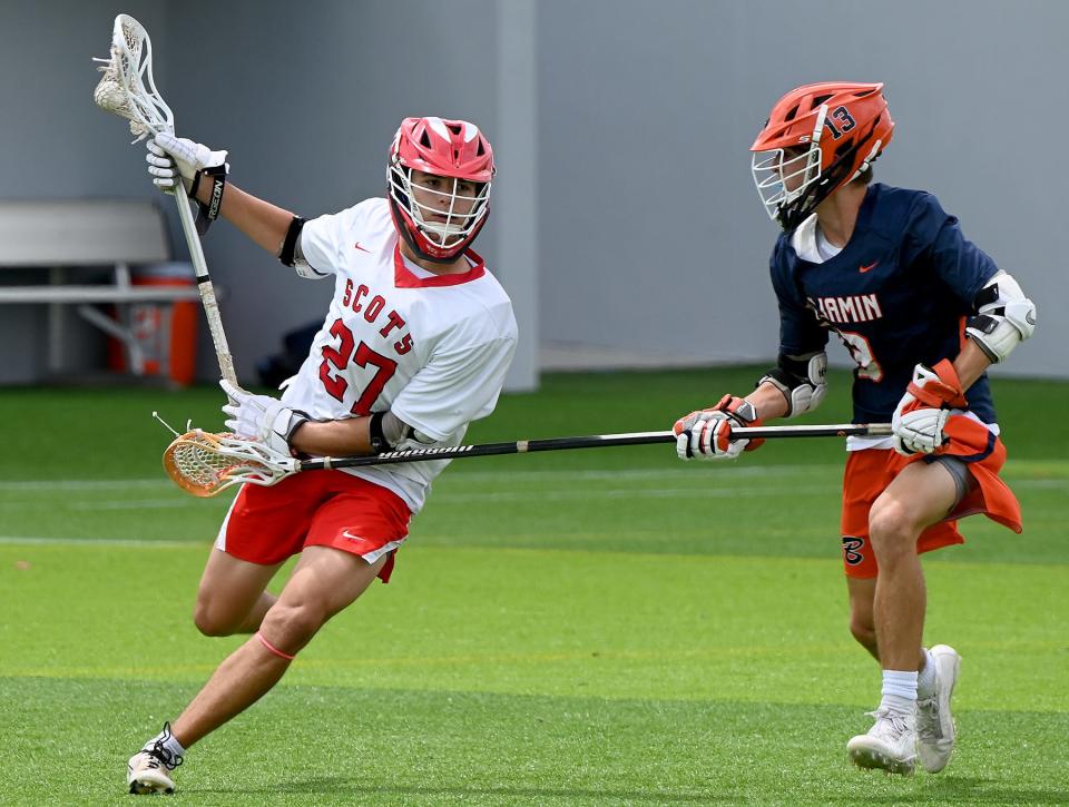 St. Andrew's Cole Hofbauer (27) competes against Benjamin at the Paradise Coast Sports Complex in Naples, Friday, May 7, 2022.