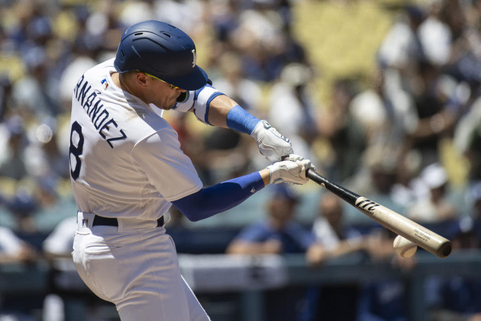 Los Angeles Dodgers' Kiké Hernández hits during the second inning of a baseball game against the Toronto Blue Jays in Los Angeles, Wednesday, July 26, 2023. (AP Photo/Kyusung Gong)