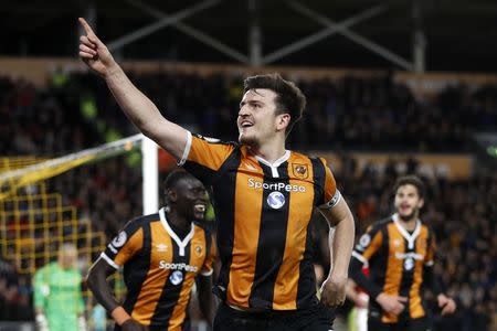 Britain Soccer Football - Hull City v Middlesbrough - Premier League - The Kingston Communications Stadium - 5/4/17 Hull City's Harry Maguire celebrates scoring their fourth goal Action Images via Reuters / Carl Recine Livepic