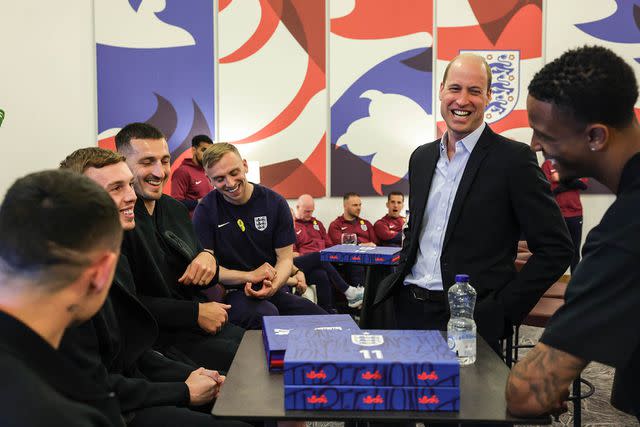 <p>Andrew Parsons / Kensington Palace</p> Prince William visits the England men's team before the UEFA EURO 2024 tournament on June 10, 2024.