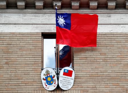 Taiwan's flag waves outside its Embassy to the Holy See, in Rome, Italy March 14, 2018. Picture taken March 14, 2018. REUTERS/Remo Casilli/Files