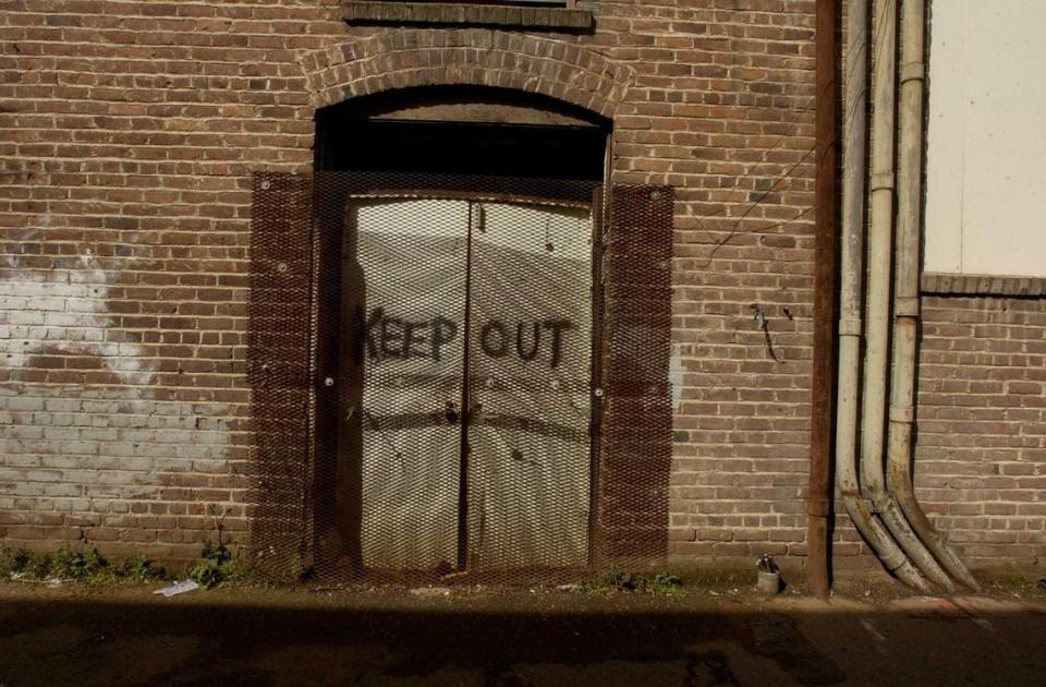 A door is blocked off at the vacant Hotel Marysville in March 2004. On Saturday, June 15, 2024, the five-story historic landmark was gutted by a fire.