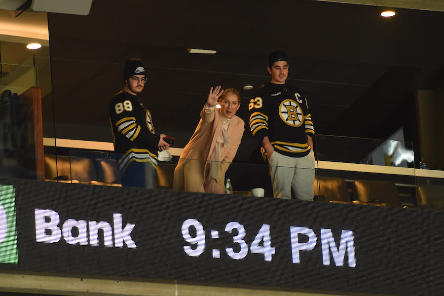 BOSTON, MASSACHUSETTS - MARCH 21: Singer Celine Dion waves to fans after the game of the Boston Bruins against the New York Rangers at the TD Garden on March 21, 2024 in Boston, Massachusetts. (Photo by Steve Babineau/NHLI via Getty Images)