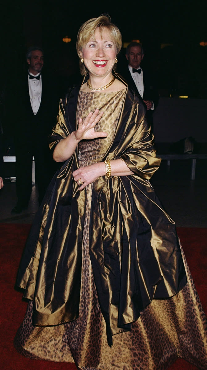 Hillary Clinton in a cheetah print dress at the Met Gala on April 23, 2001