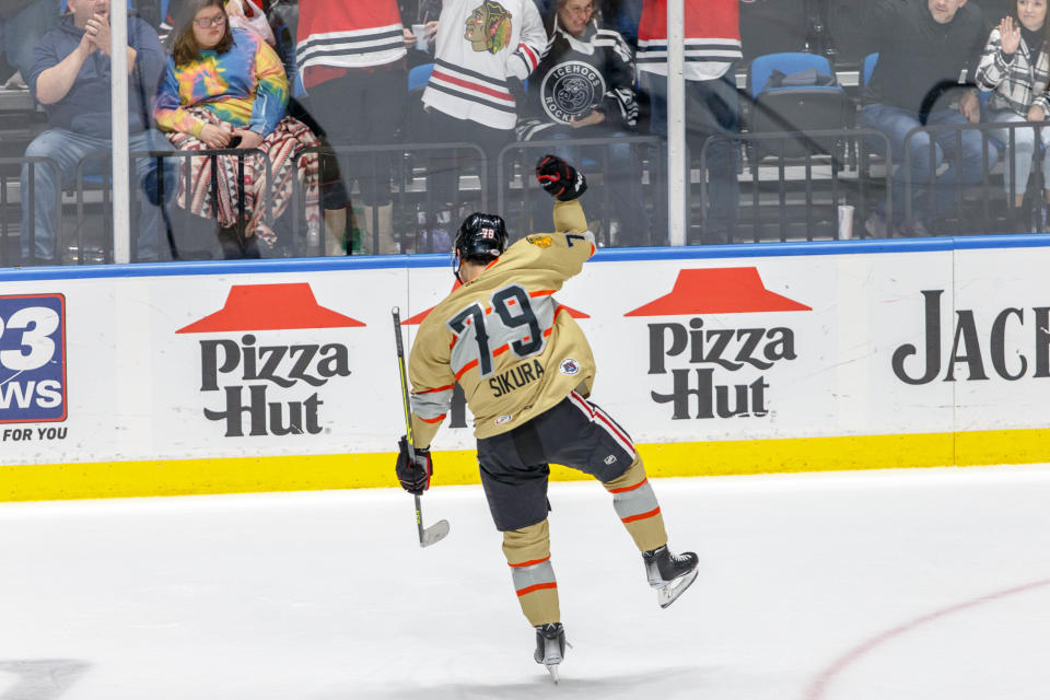 Dylan Sikura raises a fist after scoring one of his seven goals on the season back on Nov. 26, 2022. Sikura is currently on a five-game point streak.
