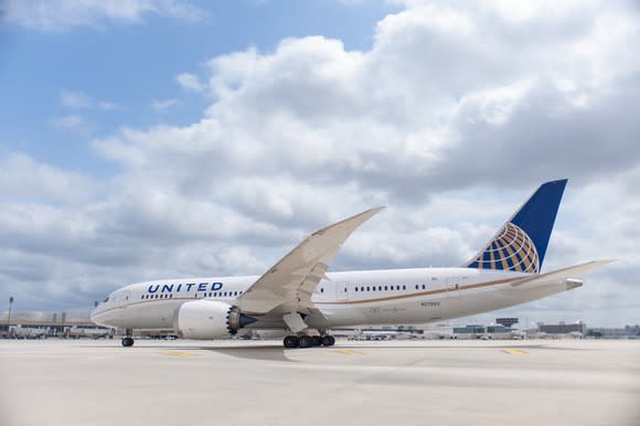 787 Dreamliner with United markings on the tarmac on a partly cloudy day.