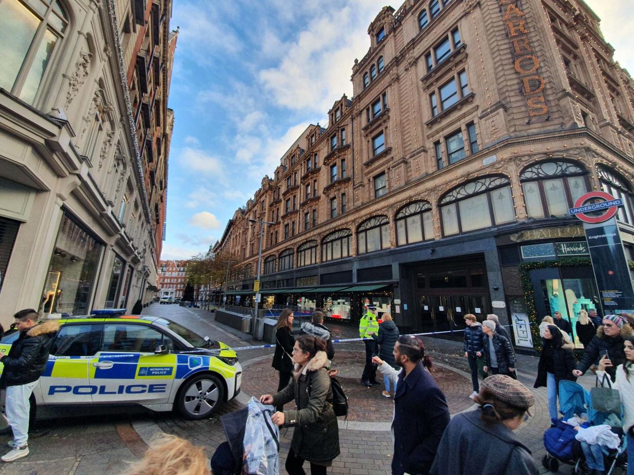 The scene in Knightsbridge, where a murder investigation has begun after a man was knifed to death near Harrods department store in a suspected robbery: Tom Pilgrim/PA Wire