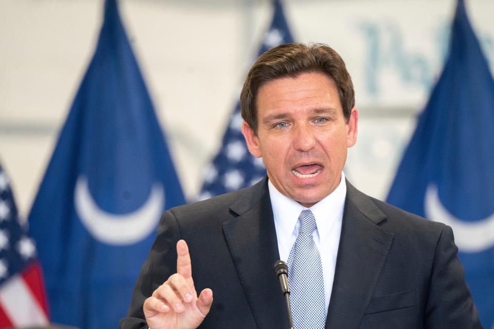 Florida Gov. Ron DeSantis, a Republican presidential candidate, speaks July 18 during a news conference at the Celebrate Freedom Foundation Hangar in West Columbia, S.C.