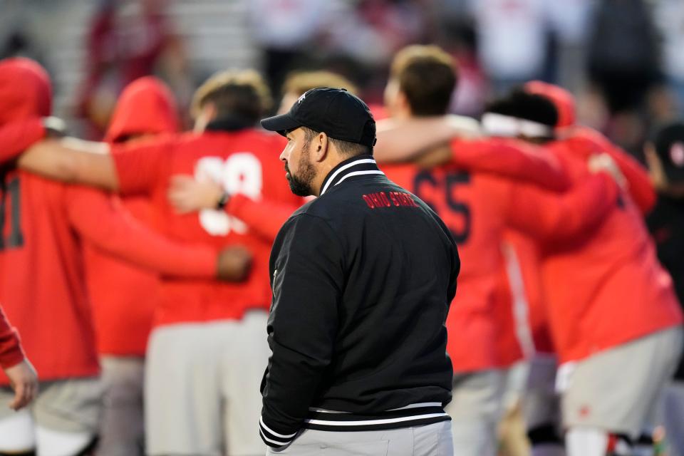 Oct 28, 2023; Madison, Wisconsin, USA; Ohio State Buckeyes head coach Ryan Day takes the field for warm ups prior to the NCAA football game against the Wisconsin Badgers at Camp Randall Stadium.