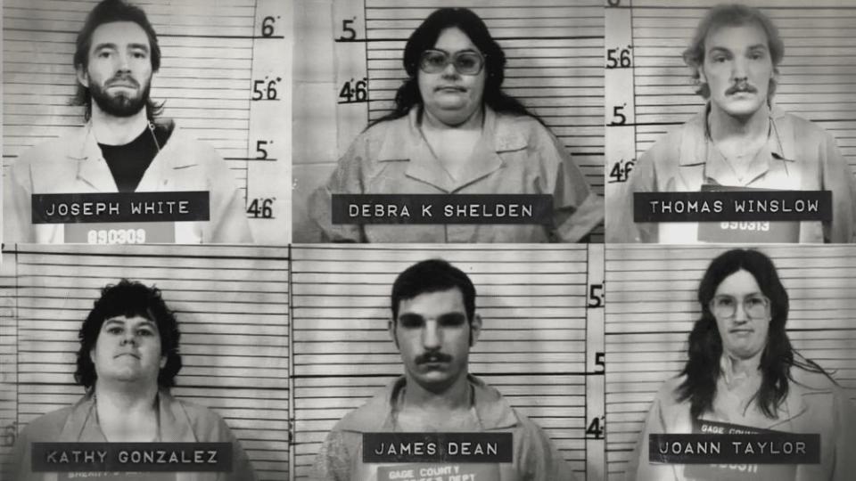 Mugshots of the Beatrice Six (top row L-R) Joseph White, Debra K. Shelden, Thomas Winslow. (Bottom row L-R) Kathy Gonzalez, James Dean, JoAnn Taylor - Credit: HBO Documentary Films