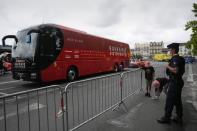 The Bahrain Victorious team bus is parked prior to the eighteenth stage of the Tour de France cycling race over 129.7 kilometers (80.6 miles) with start in Pau and finish in Luz Ardiden, France,Thursday, July 15, 2021. The Bahrain Victorious team competing at the Tour de France says it was raided by French police on the eve of Thursday's stage. (AP Photo/Christophe Ena)