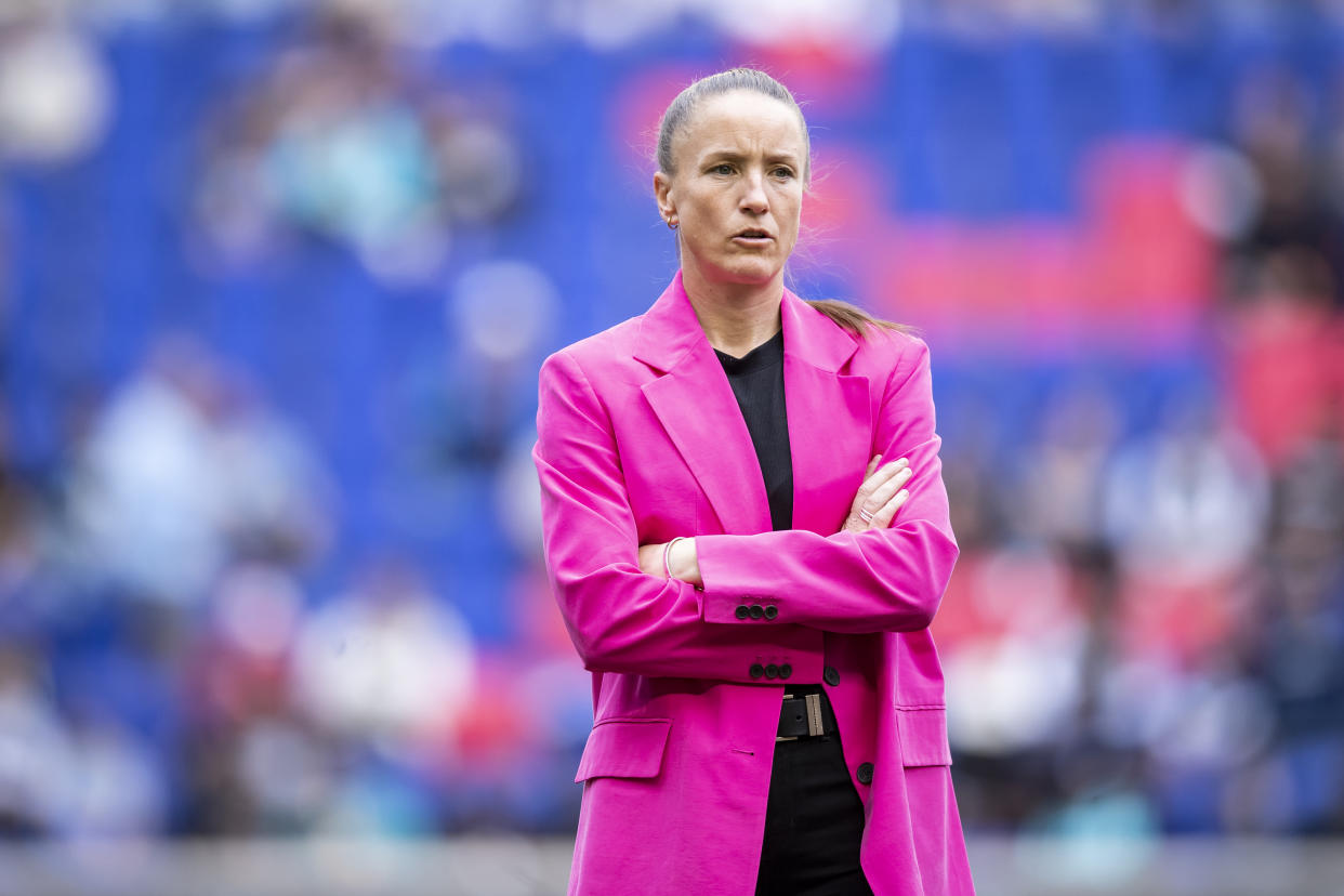HARRISON, NEW JERSEY - JUNE 4:  Casey Stoney Head Coach of San Diego Wave watches the team warm up before the National Womens Soccer League Pride Night match against NJ/NY Gotham FC at Red Bull Arena on June 4, 2023 in Harrison, New Jersey. (Photo by Ira L. Black - Corbis/Getty Images)