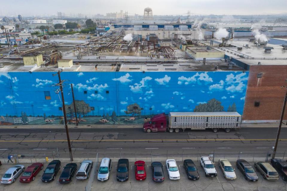 A truck departs from a slaughterhouse in California.