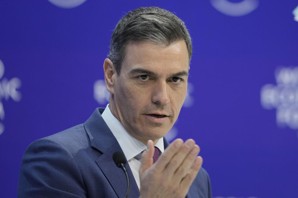 FILE - Pedro Sanchez, Spain's Prime Minister delivers his speech at the Annual Meeting of World Economic Forum in Davos, Switzerland, on Jan. 17, 2024. Spain’s Parliament is set to give its initial approval Thursday March 14, 2024 to a controversial amnesty bill aimed at forgiving crimes — both proved and alleged — committed by potentially hundreds of Catalan separatists. (AP Photo/Markus Schreiber, File)
