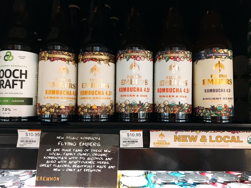 Bottles of Flying Embers, an organic hard kombucha produced in Ventura, are displayed on the shelves at Erewhon Organic Grocer & Cafe in Calabasas.