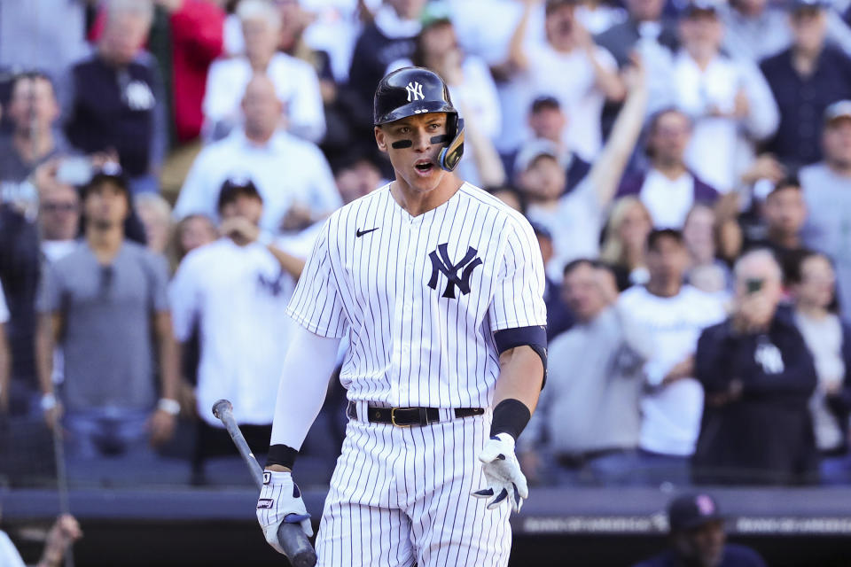 New York Yankees' Aaron Judge reacts after striking out against Boston Red Sox relief pitcher John Schreiber during the seventh inning of a baseball game Saturday, Sept. 24, 2022, in New York. (AP Photo/Jessie Alcheh)