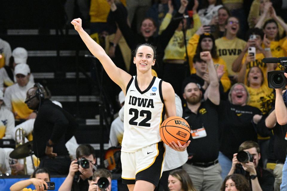 Caitlin Clark, shown here late in Iowa's win over West Virginia, already has declared for the WNBA draft.