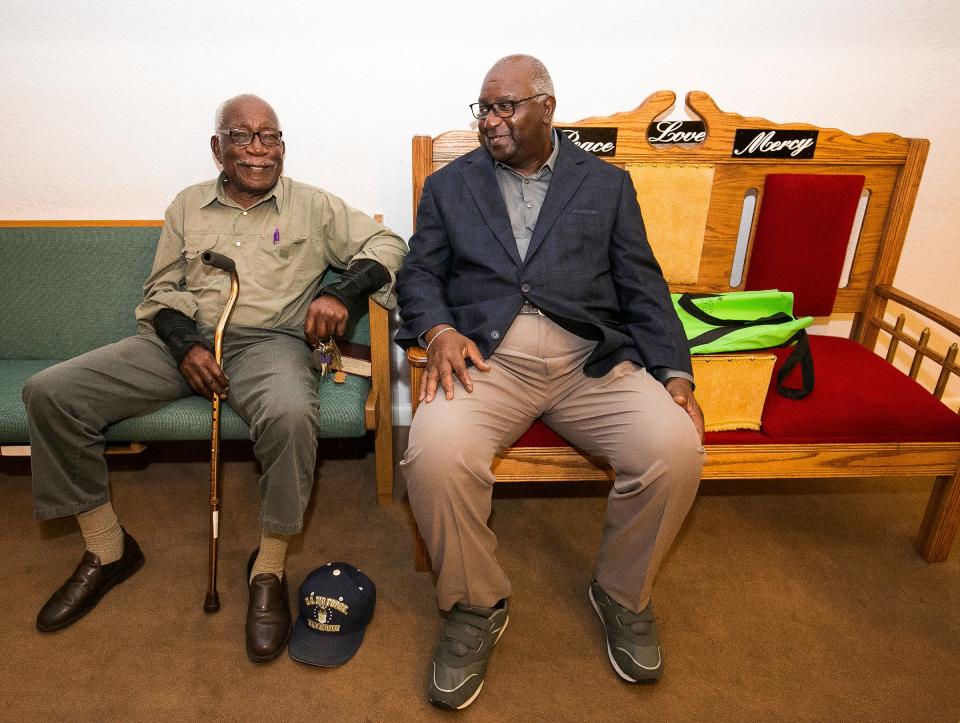 Mount Moriah Missionary Baptist Church members Edmond Fordham, left, and Frank Washington, right, reminisce about earlier days in the church on Jan. 4, 2017.