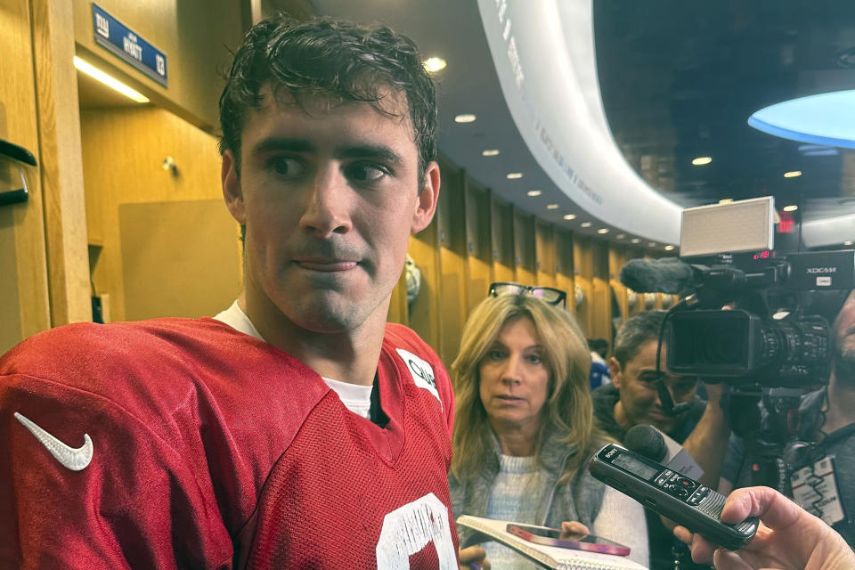 New York Giants quarterback Daniel Jones speaks with the media after NFL football practice, Wednesday, Oct. 18,2 023, in East Rutherford, N.J. Jones practice on a limited basis for the first time Wednesday since hurting his neck at Miami on Oct 8. Tyrod Taylor started and played Sunday night against Buffalo. (AP Photo/Tom Canavan)