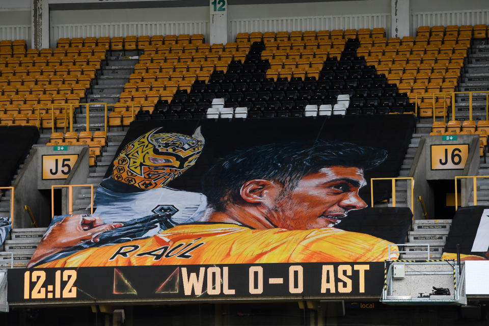 WOLVERHAMPTON, ENGLAND - DECEMBER 12: The fan funded banner in support of Raul Jimenez of Wolverhampton Wanderers during the Premier League match between Wolverhampton Wanderers and Aston Villa at Molineux on December 12, 2020 in Wolverhampton, United Kingdom. The match will be played without fans, behind closed doors as a Covid-19 precaution. (Photo by Sam Bagnall - AMA/Getty Images)