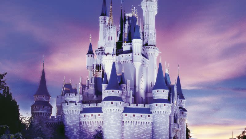 Cinderella Castle above the Magic Kingdom is shown at Disney World.