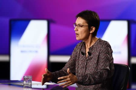 Nathalie Arthaud, France's extreme-left Lutte Ouvriere political party (LO) leader and candidate for the 2017 presidential election, attends the France 2 television special prime time political show, "15min to Convince" in Saint-Cloud, near Paris, France, April 20, 2017. REUTERS/Martin Bureau/Pool