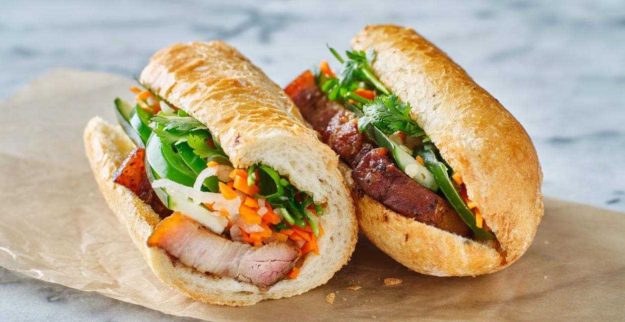 vietnamese bahn mi sandwich with pork belly close up