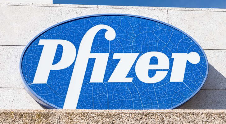 Pfizer (PFE) logo on Pfizer building. Pfizer is an American pharmaceutical corporation.