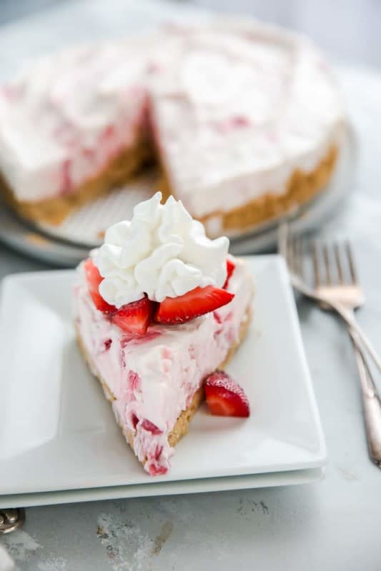 <p>Lemons for Lulu</p><p>A summer dream with fresh and sweet strawberries swirled into cream cheese and then refrigerated to allow the flavors to come together.</p><p><strong>Get the recipe: <a href="https://www.lemonsforlulu.com/no-bake-strawberry-cheesecake/" rel="nofollow noopener" target="_blank" data-ylk="slk:No-Bake Strawberry Cheesecake;elm:context_link;itc:0;sec:content-canvas" class="link ">No-Bake Strawberry Cheesecake</a></strong></p>