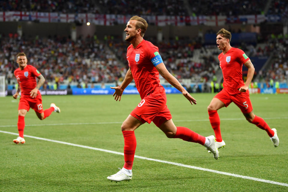 <p>There it is! England take the lead as Harry Kane follows up from close range </p>