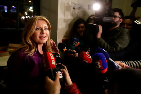 Slovakia's presidential candidate Zuzana Caputova addresses the media at the party's headquarters in Bratislava, Slovakia, March 30, 2019. REUTERS/David W Cerny