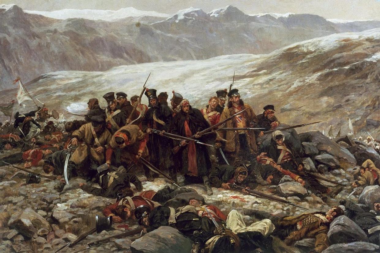 « The Last Stand », de William Barnes Wollen (1898), dépeint Le 44<sup>e</sup> régiment d’infanterie britannique attaqué par les Afghans lors de la bataille de Gandamak, en Afghanistan, en 1842. <a href="https://upload.wikimedia.org/wikipedia/commons/thumb/f/f2/The_Last_Stand%2C_by_William_Barnes_Wollen_%281898%29.jpg/1200px-The_Last_Stand%2C_by_William_Barnes_Wollen_%281898%29.jpg" rel="nofollow noopener" target="_blank" data-ylk="slk:Getty - DeAgostini;elm:context_link;itc:0;sec:content-canvas" class="link ">Getty - DeAgostini</a>, <a href="http://creativecommons.org/licenses/by/4.0/" rel="nofollow noopener" target="_blank" data-ylk="slk:CC BY;elm:context_link;itc:0;sec:content-canvas" class="link ">CC BY</a>