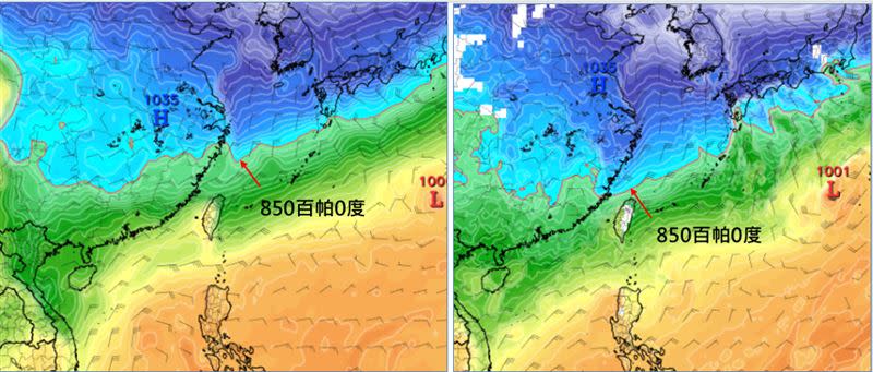 圖：最新(7日20時) 歐洲(ECMWF)模式模擬顯示，下週三(14日)20時強冷空氣南下，850百帕0度線通過東海南部，離台灣較遠(左圖)。美國(GFS)模式則模擬得更強，850百帕0度線，離台灣較近(右圖)。圖擷自tropical tidbits