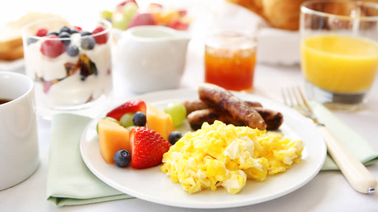 breakfast plate with scrambled eggs