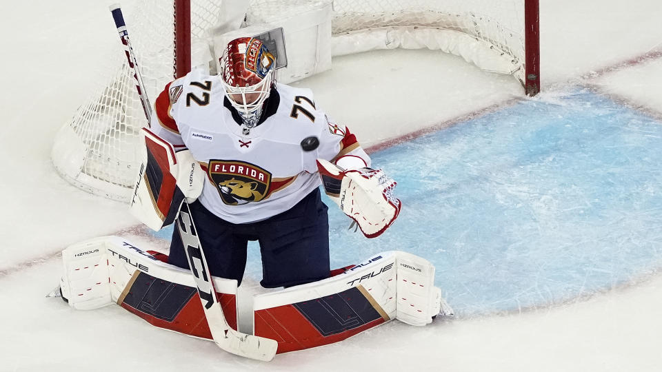 Florida Panthers goaltender Sergei Bobrovsky (72) blocks a shot by the New York Rangers during the third period of Game 2 during the Eastern Conference finals of the NHL hockey Stanley Cup playoffs, Friday, May 24, 2024, in New York. (AP Photo/Julia Nikhinson)