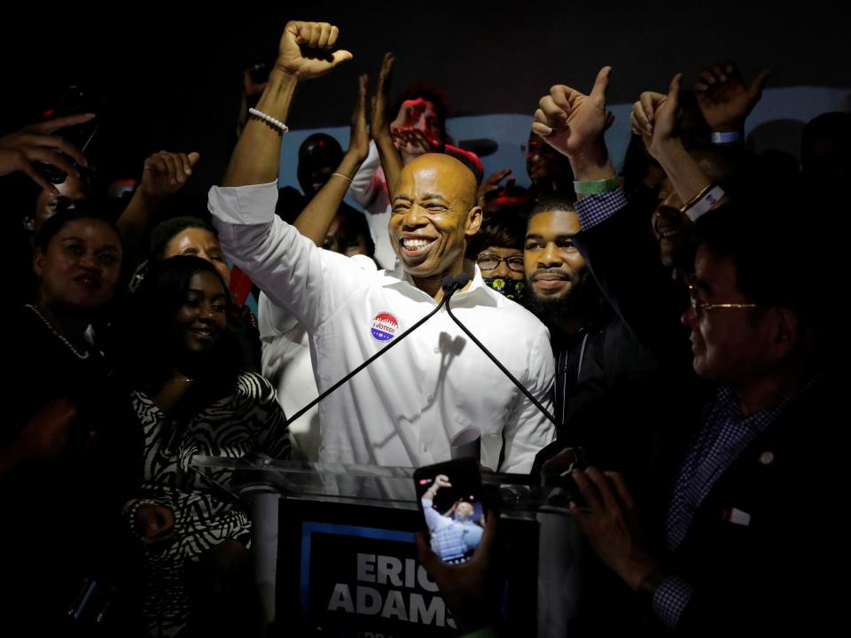 Eric Adams speaks at a New York City primary mayoral election night party in New York City, U.S., June 22, 2021.  (REUTERS)