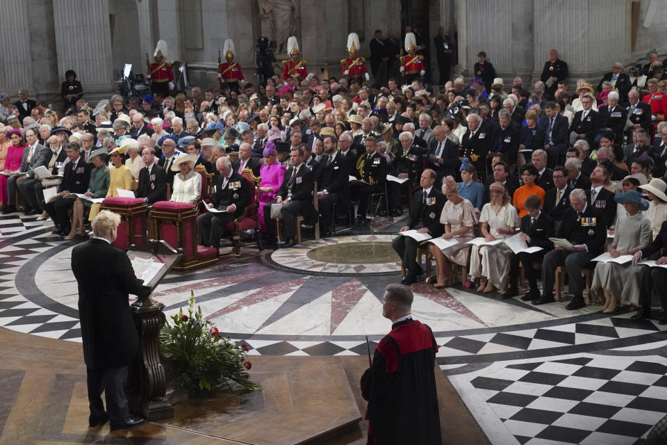 Britain's Prime Minister Boris Johnson gives a reading at the National Service of Thanksgiving held at St Paul's Cathedral as part of celebrations marking the Platinum Jubilee of Britain's Queen Elizabeth II, in London, Friday, June 3, 2022. (Aaron Chown/Pool photo via AP)