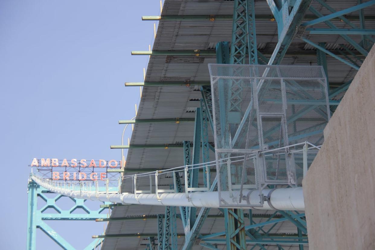 New safety gates have been installed on the underside of the span of the Ambassador Bridge as a safety measure.  (Michael Evans/CBC - image credit)